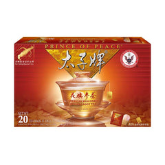 Prince Of Peace front box showing 20-count ginseng tea bags and clear packaging benefit