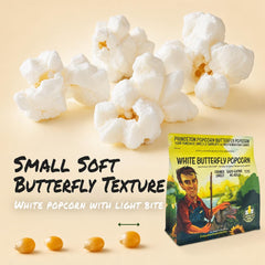 Bowl of popped Princeton Popcorn white butterfly kernels ready to eat, light and fluffy