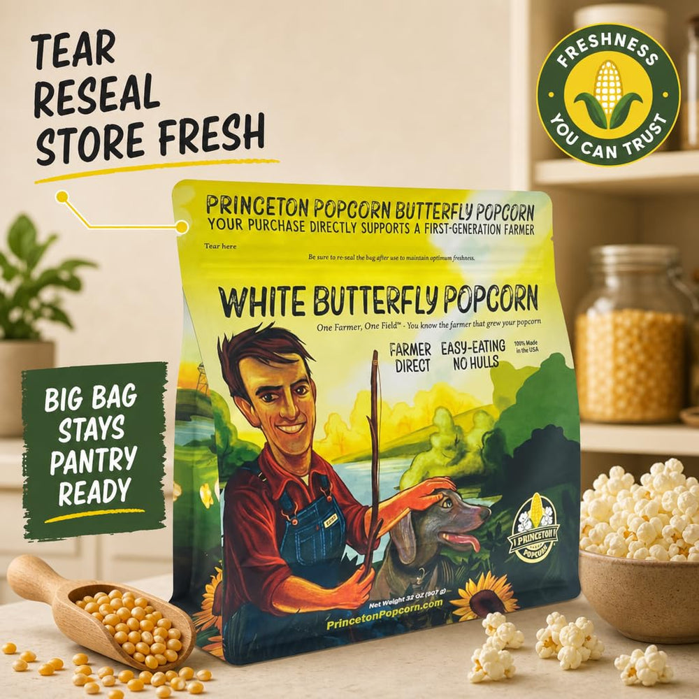 Princeton Popcorn next to measuring cup demonstrating 2 lb yield and serving amount