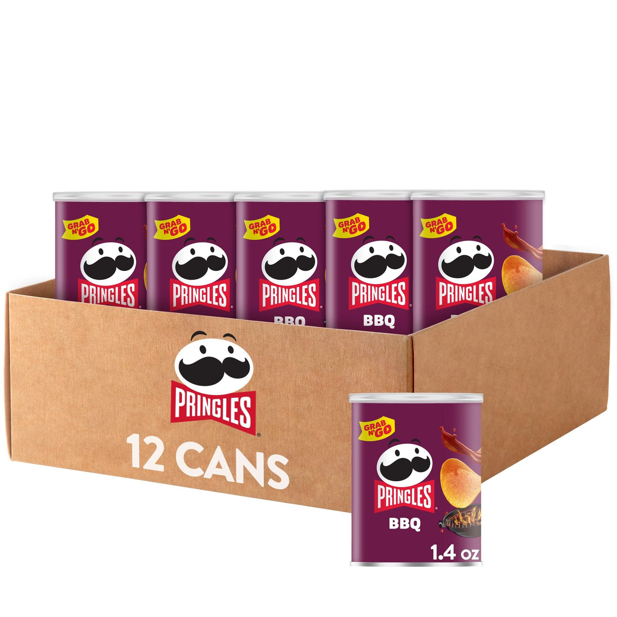 Pringles front packaging showing BBQ flavor and 12-can pack benefit
