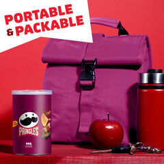 Hand holding Pringles BBQ can demonstrating easy grab-and-go use