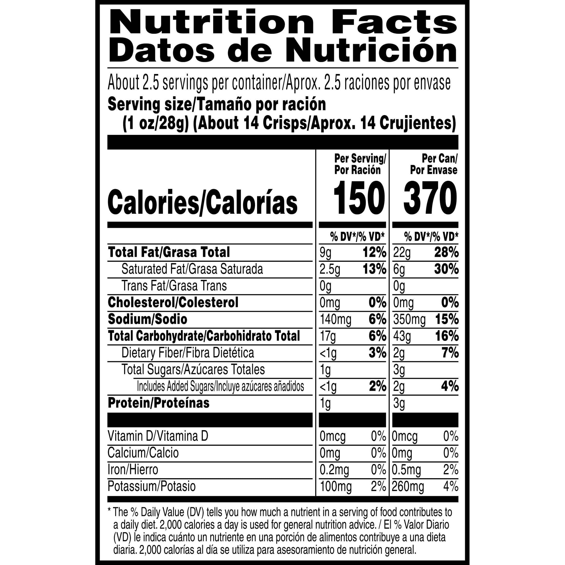 Pringles nutrition label and ingredients for allergen and dietary info