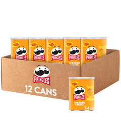 Pringles front can showing cheddar label and portability benefit