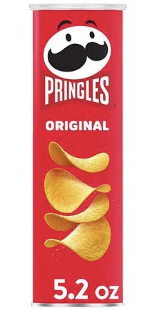 Pringles can front showing Original crisps and convenient resealable lid