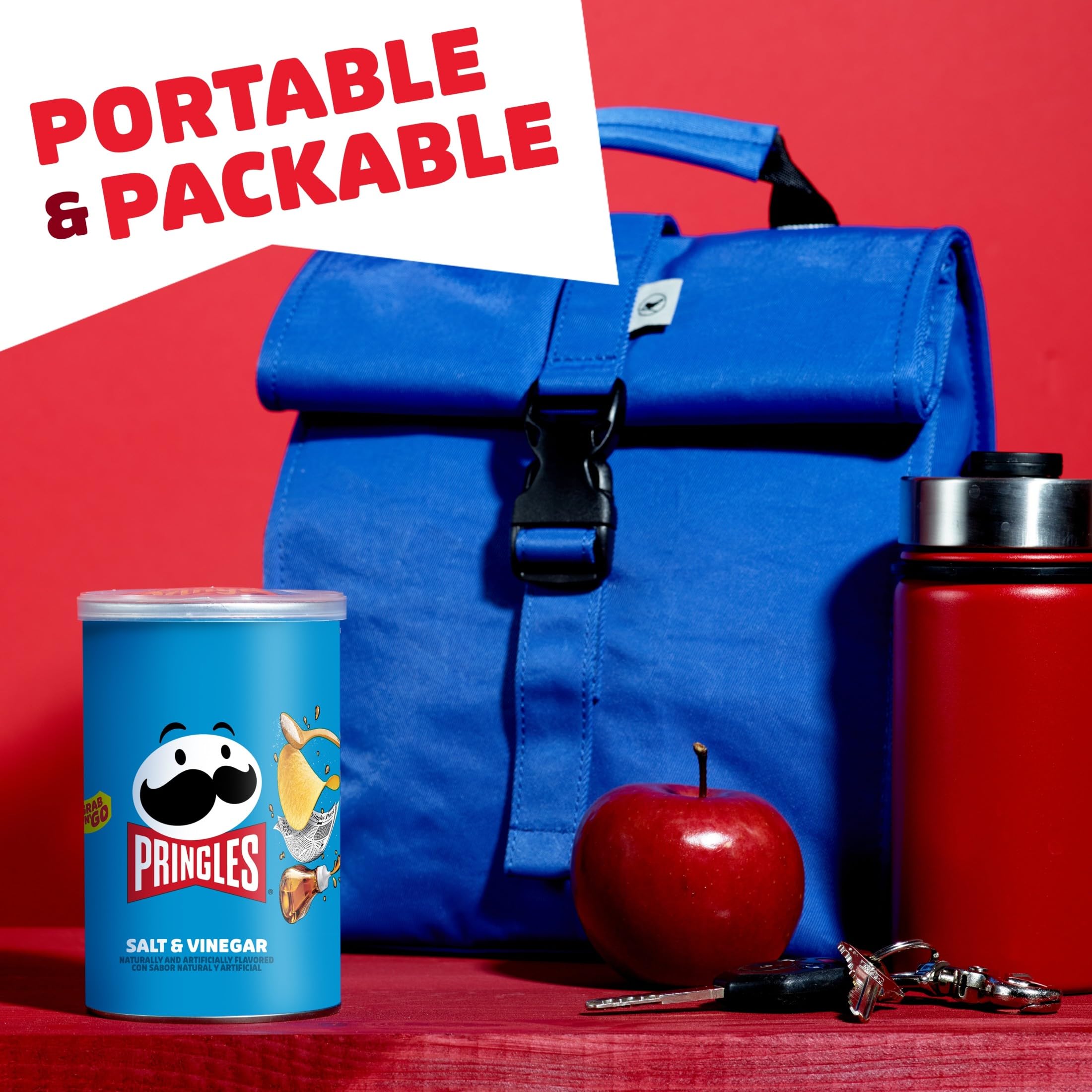 Pringles Salt and Vinegar can in hand showing portable snack advantage