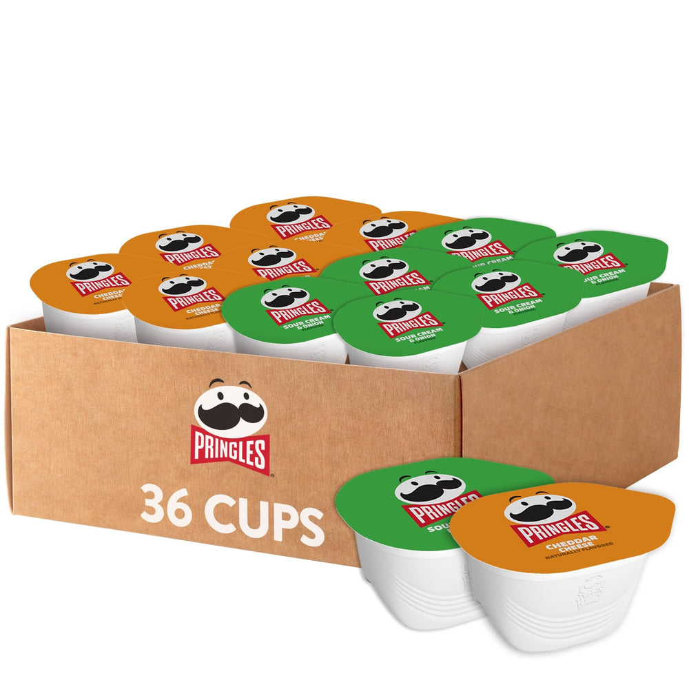 Pringles front view of variety pack showing cups and branding for quick grab-and-go snacks