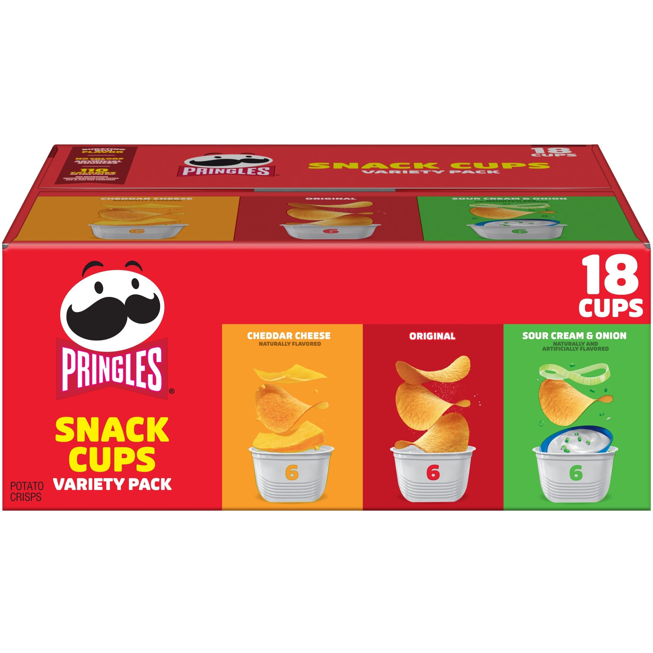 Pringles box front view displaying variety pack and contents for convenient snacking