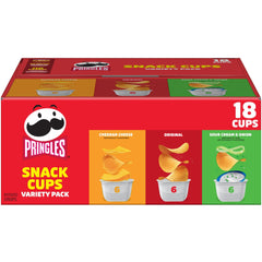 Pringles box front view displaying variety pack and contents for convenient snacking