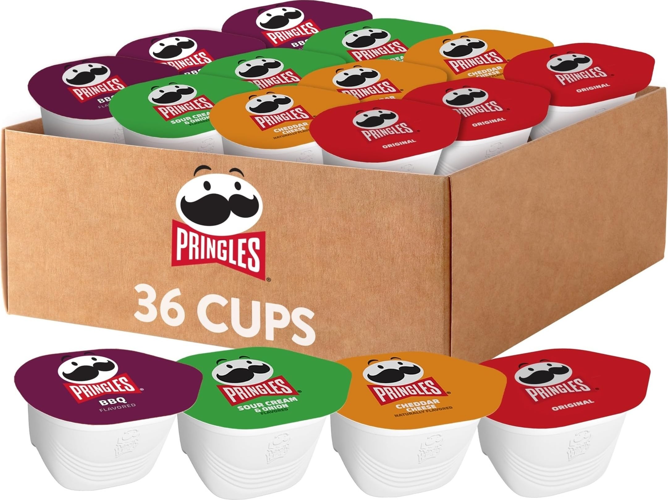 Pringles variety pack front view showing box and flavors, Pringles convenience for variety