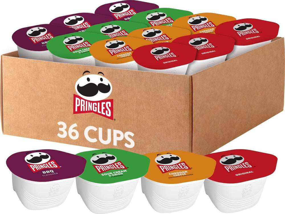 Pringles variety pack front view showing box and flavors, Pringles convenience for variety