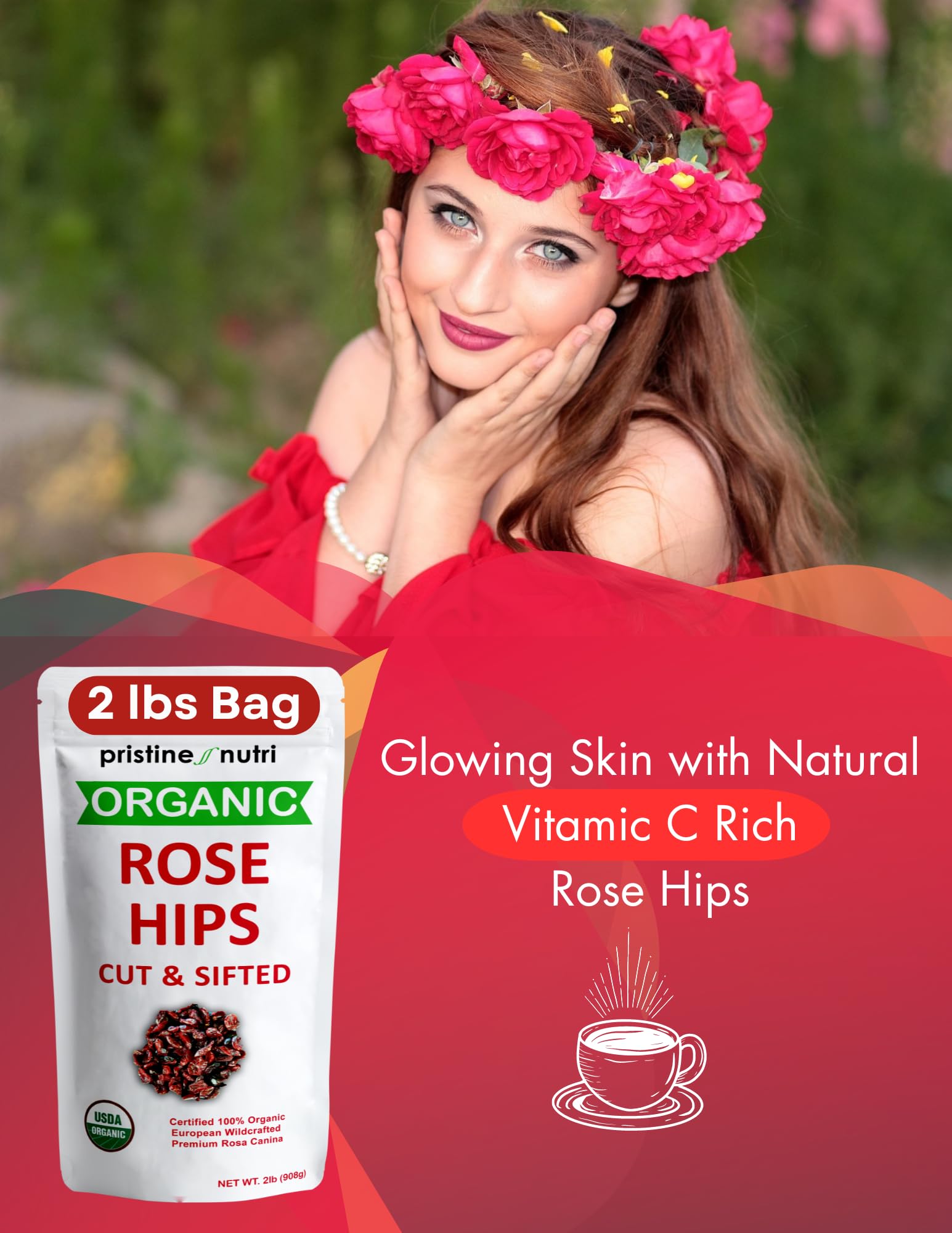 pristine nutri cup with steeping rosehip tea, demonstrates easy brewing