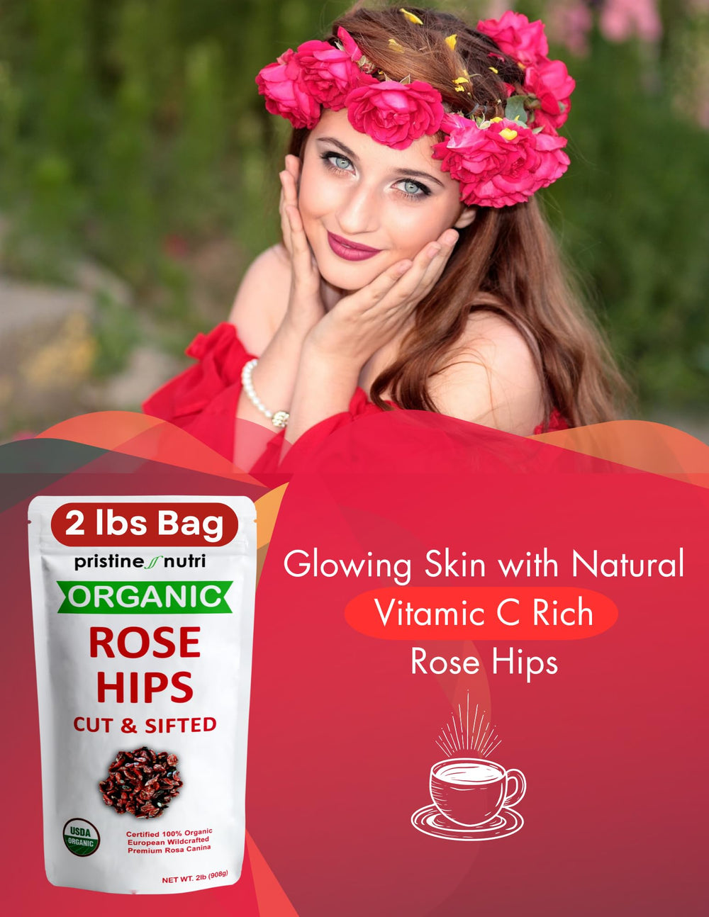 pristine nutri cup with steeping rosehip tea, demonstrates easy brewing