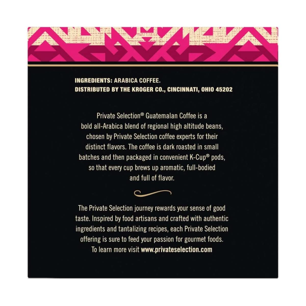 Private Selection ground coffee texture close-up from pod, rich dark-roast appearance