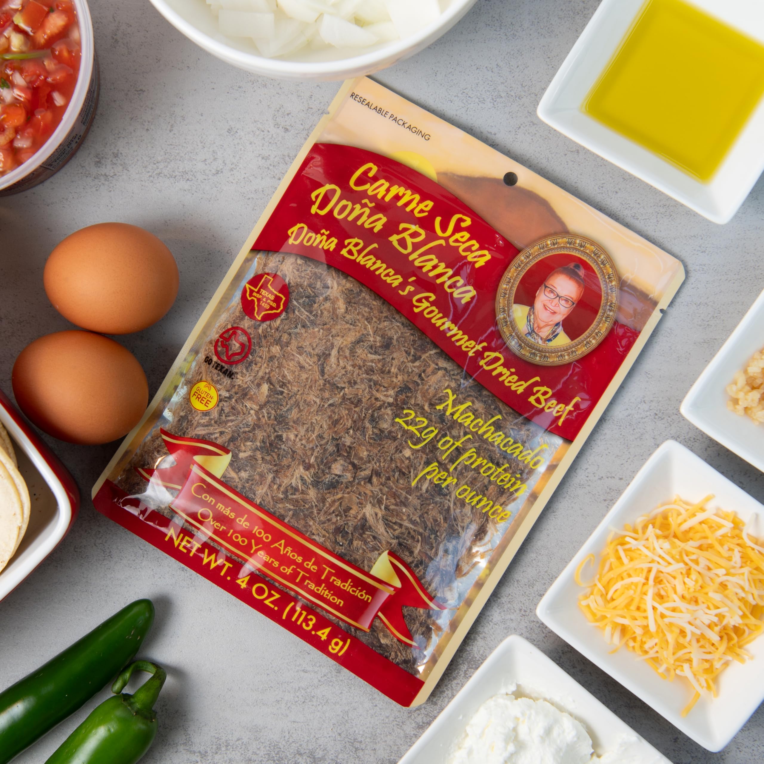 Productos Doña Blanca portion on scale illustrating 4 oz serving for portion control