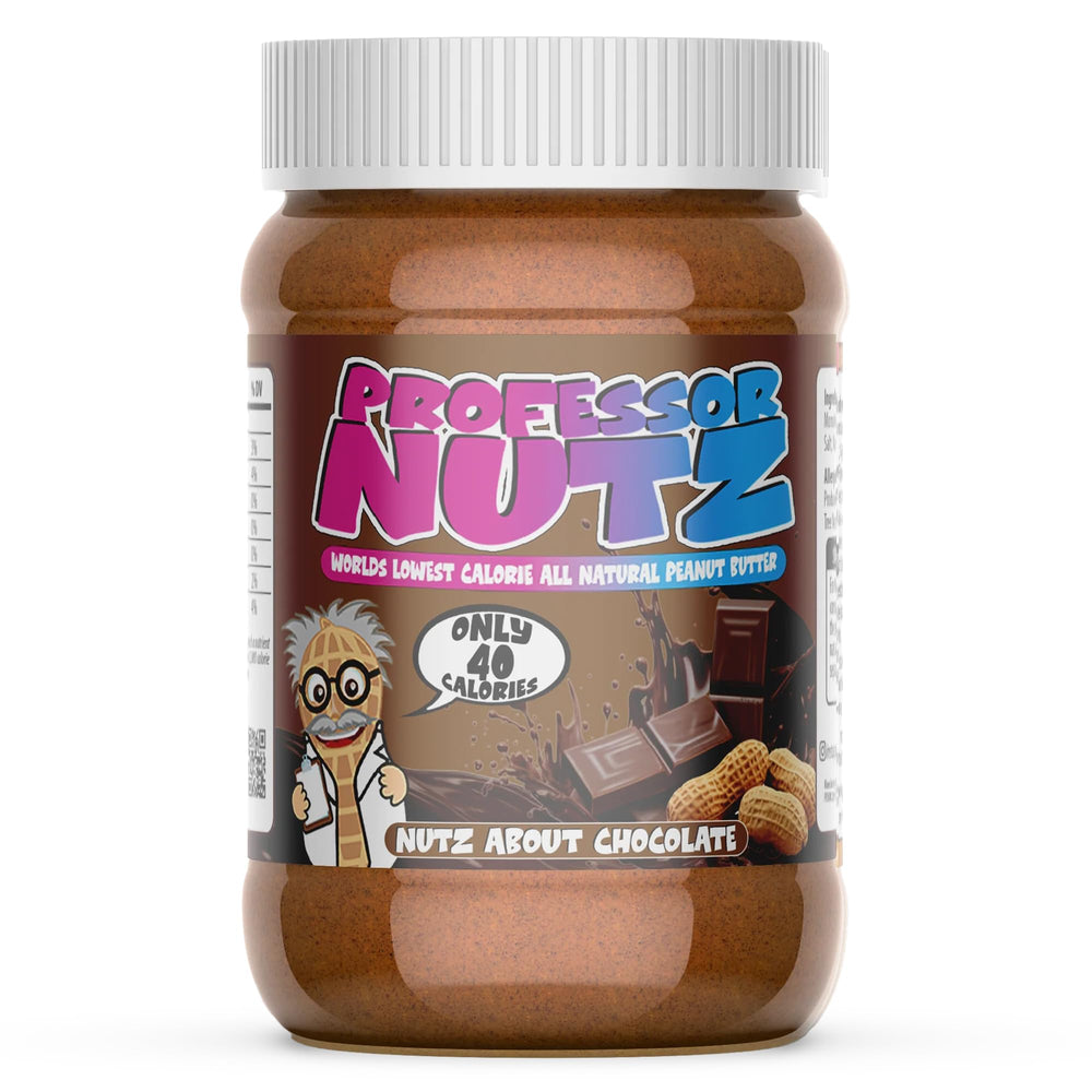 Professor Nutz jar front packaging showing chocolate peanut butter and label benefits