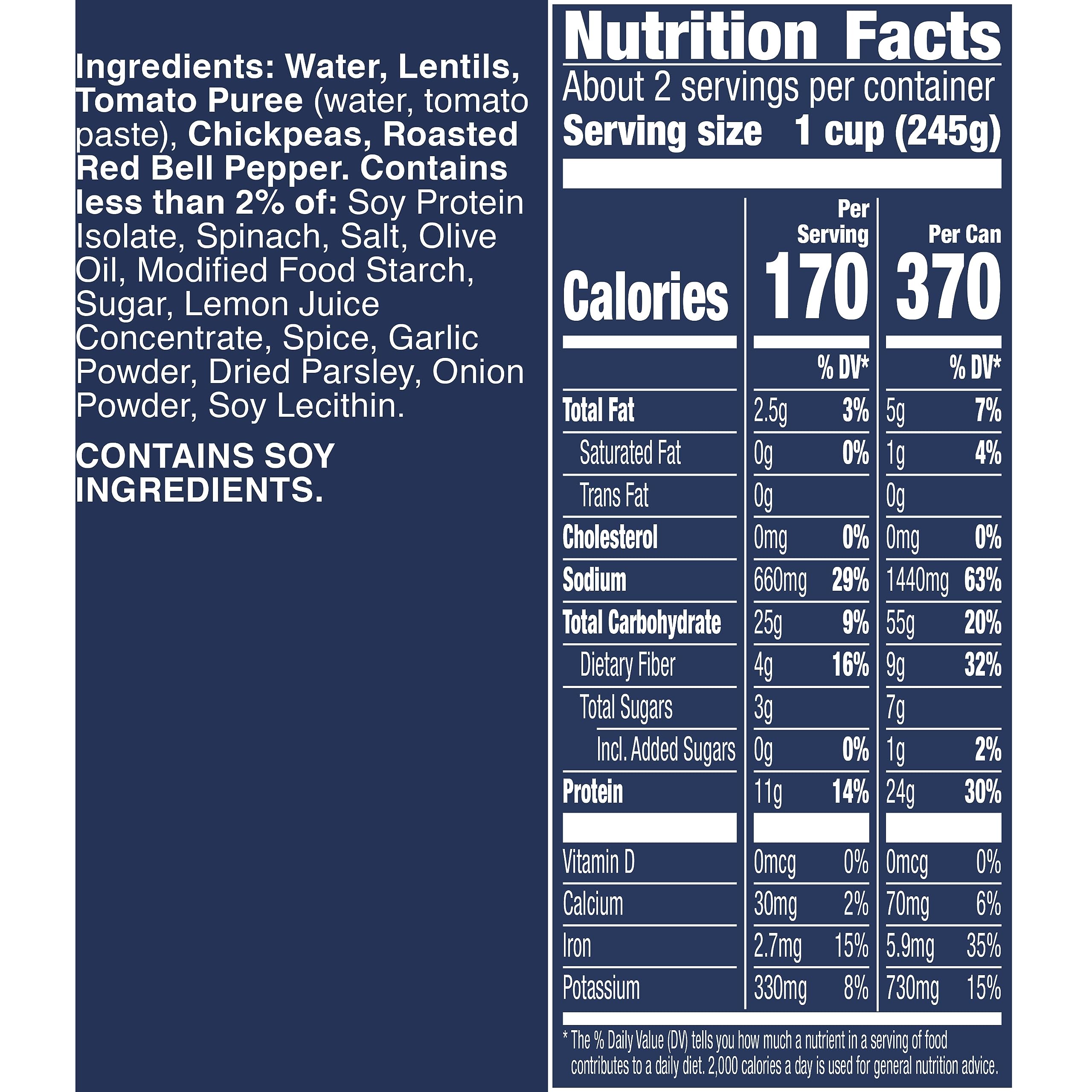 Progresso bowl beside 19 oz can showing serving size and portion