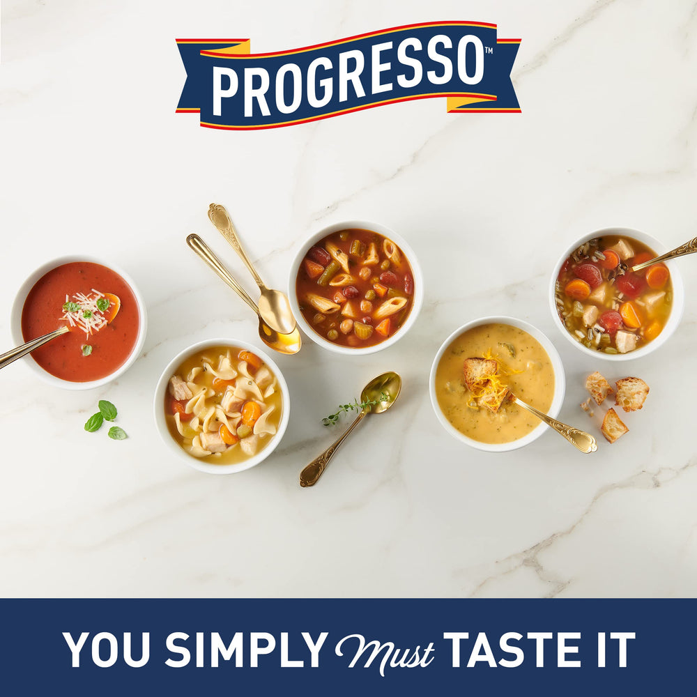 Progresso can size and six-pack packaging illustrating pantry-ready convenience