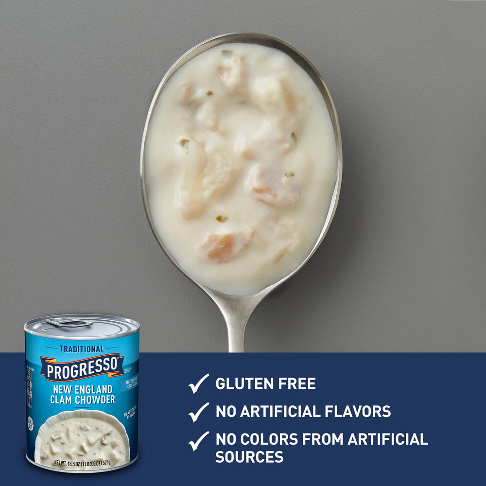Bowl close-up of Progresso chowder showing creamy texture and potato chunks