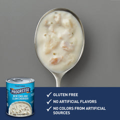 Bowl close-up of Progresso chowder showing creamy texture and potato chunks
