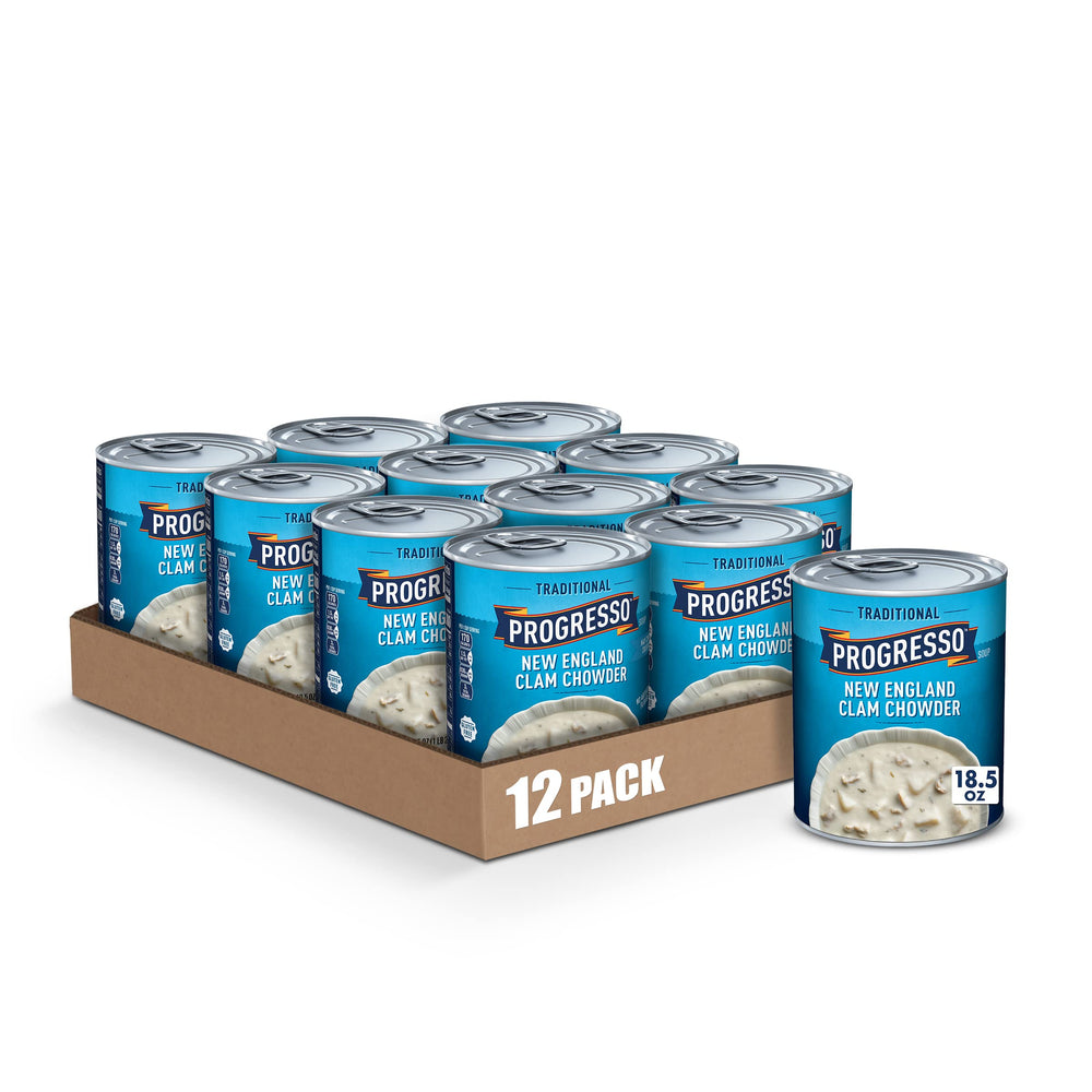 Progresso front can showing clam chowder label and ready-to-serve convenience