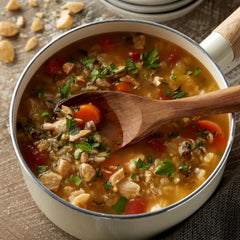 Progresso close-up of chicken and wild rice highlighting texture and quality