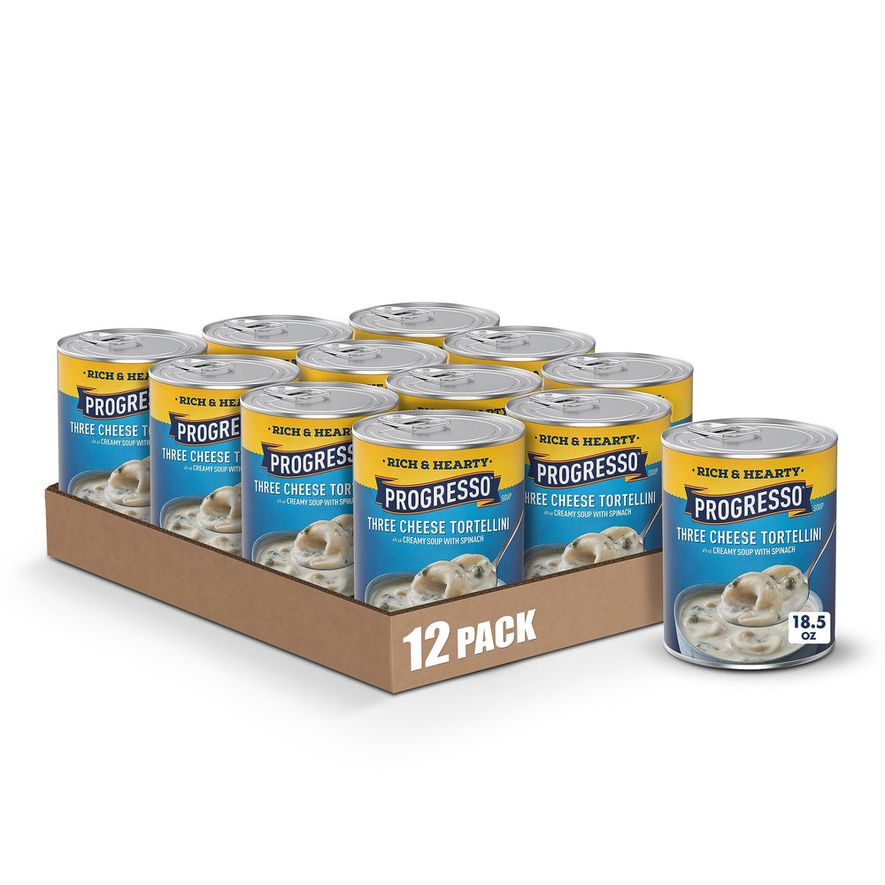 Progresso front can view showing three-cheese tortellini soup and label benefit