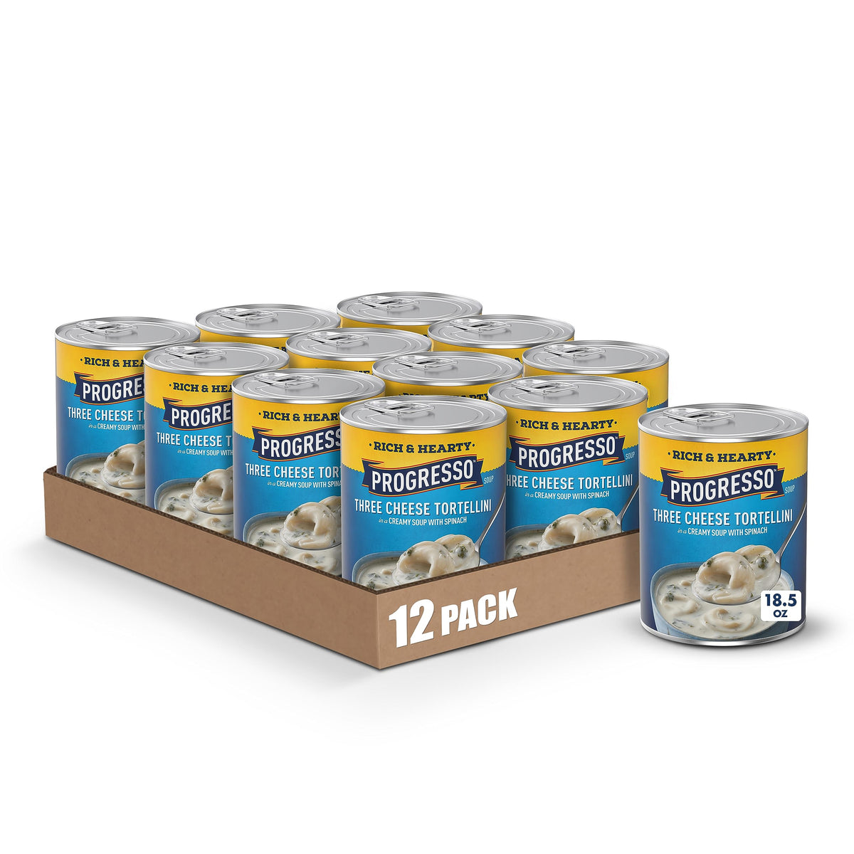 Progresso front can view showing three-cheese tortellini soup and label benefit
