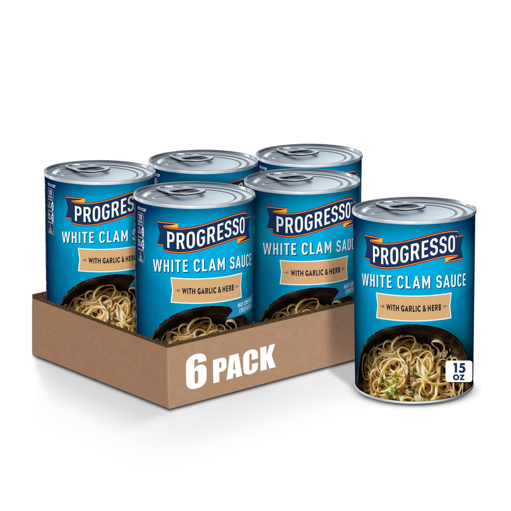 Progresso front label of white clam sauce showing brand and product benefits