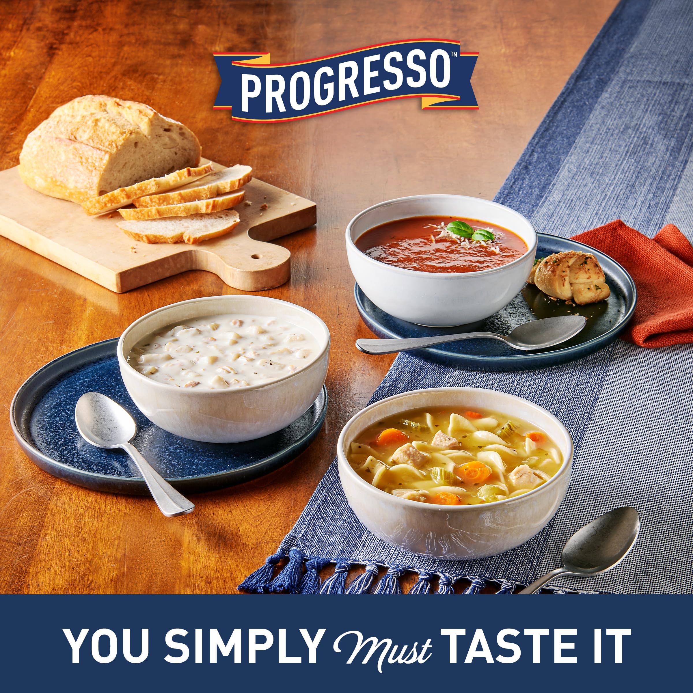 Bowl of Progresso soup beside crusty bread illustrating a quick, comforting meal pairing