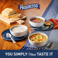 Bowl of Progresso soup beside crusty bread illustrating a quick, comforting meal pairing