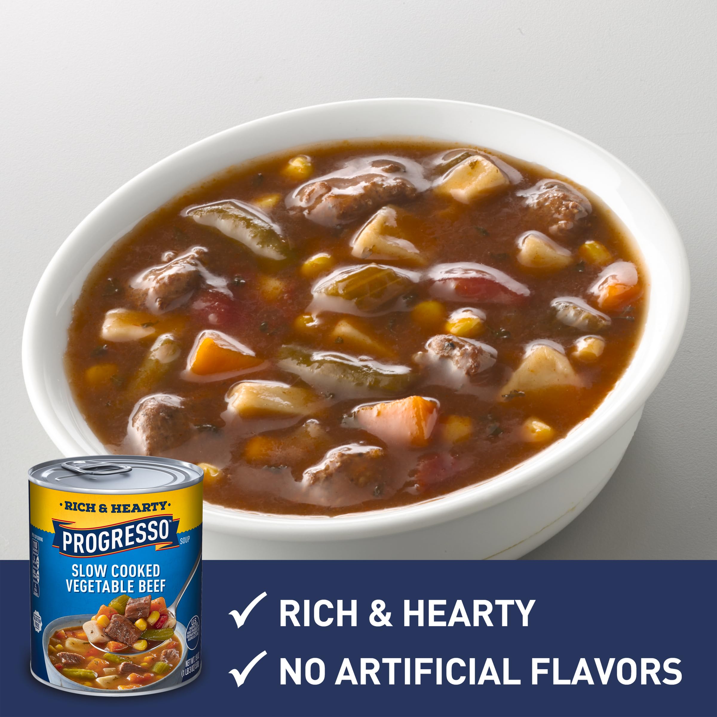 Interior close-up showing Progresso beef chunks and vegetables for hearty texture and savory taste