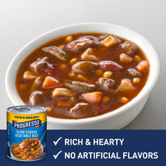 Interior close-up showing Progresso beef chunks and vegetables for hearty texture and savory taste