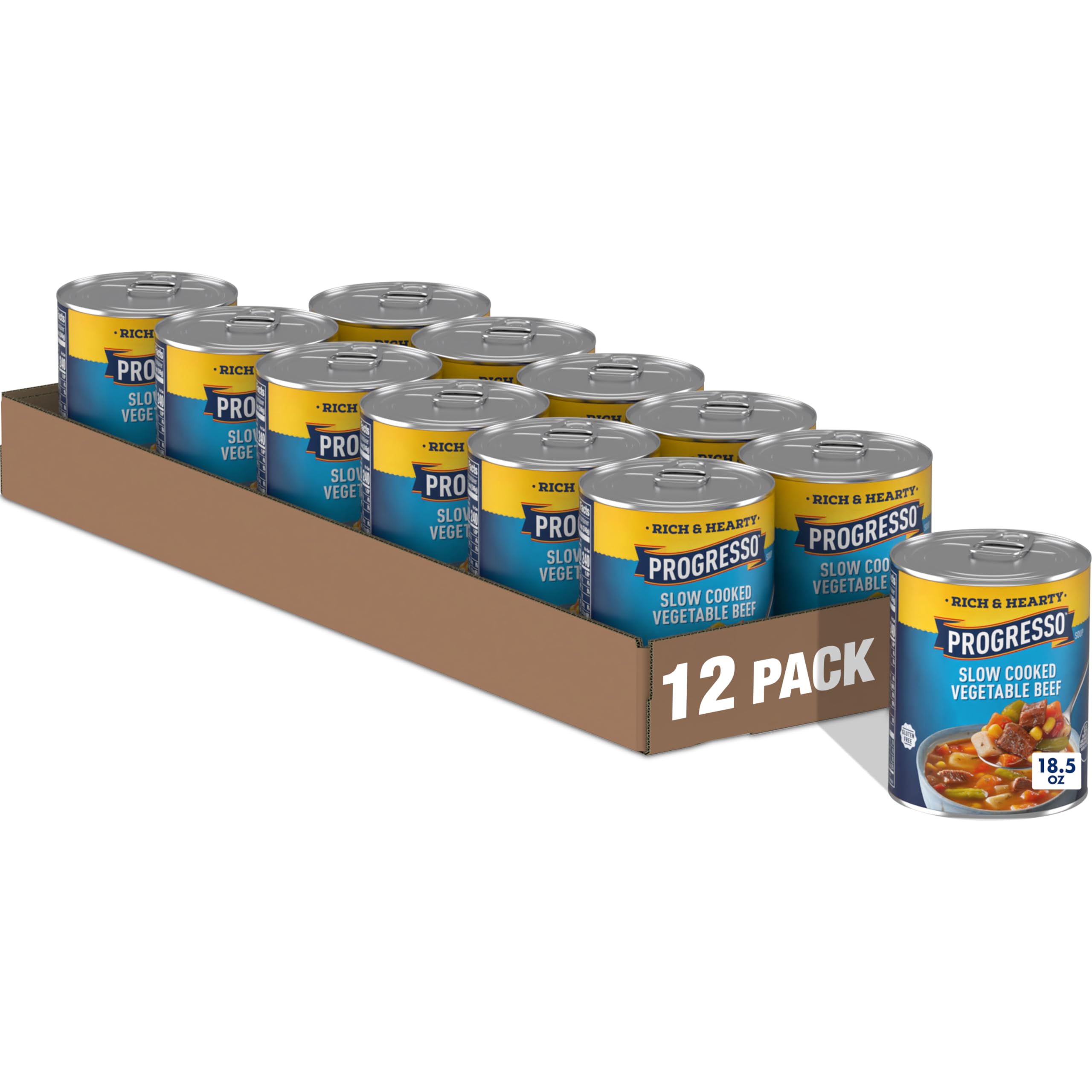 Progresso front packaging of slow cooked beef and vegetable soup showing label and size - reliable pantry meal