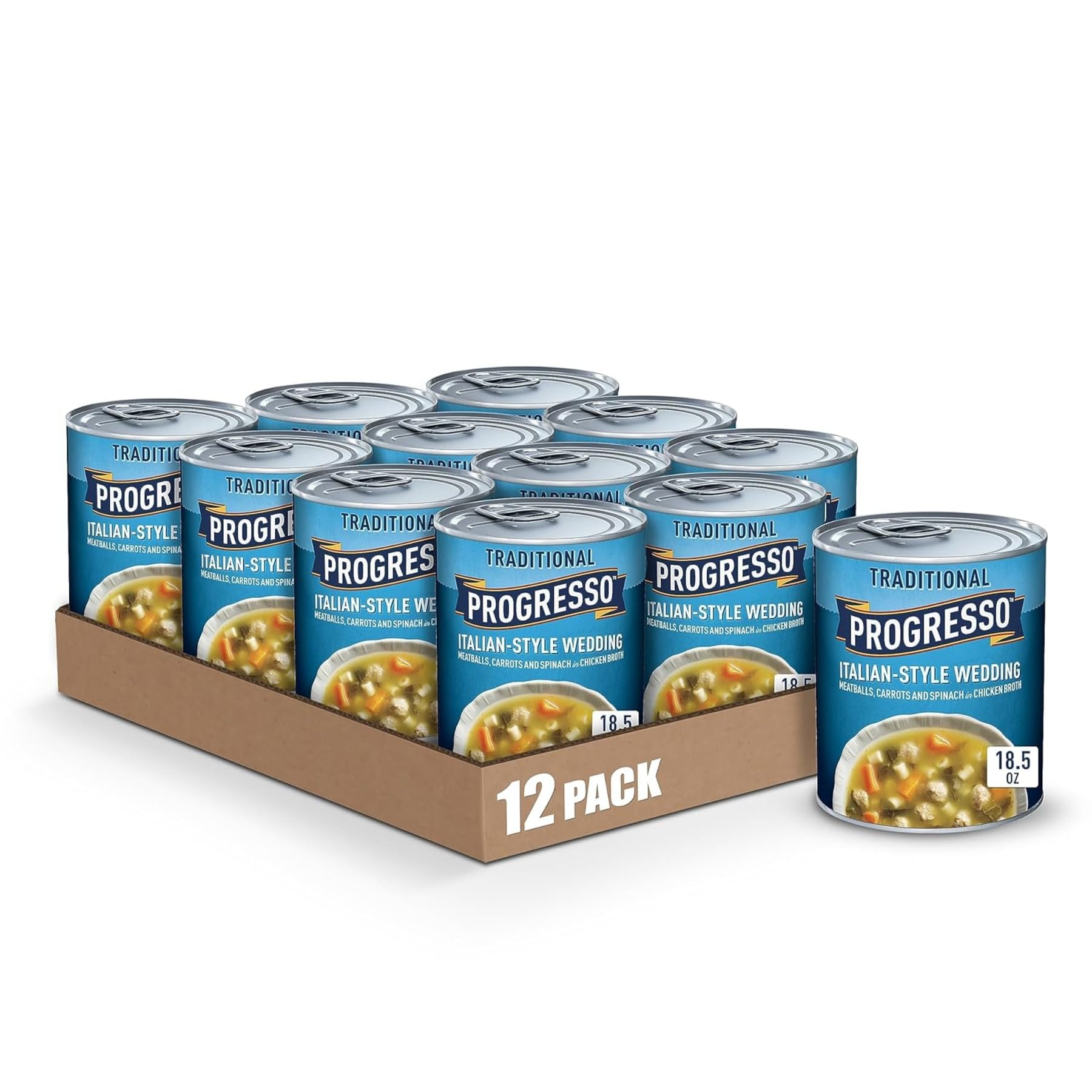 Progresso front can showing Italian-Style Wedding Soup ready to serve