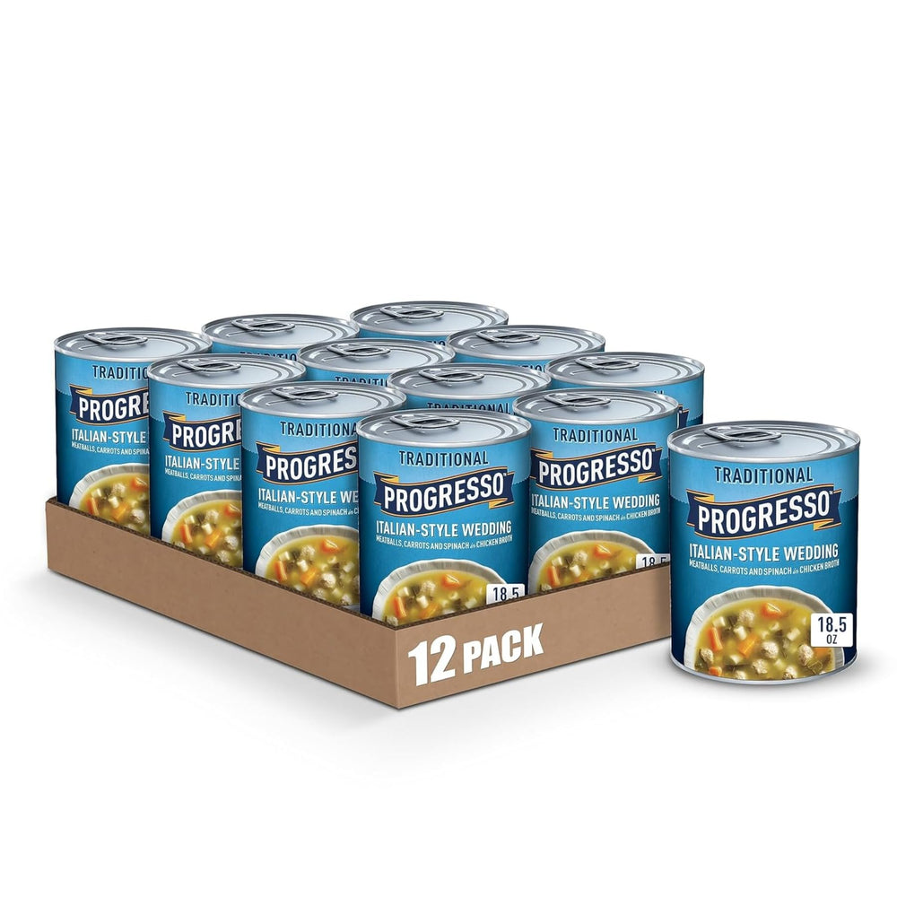 Progresso front can showing Italian-Style Wedding Soup ready to serve