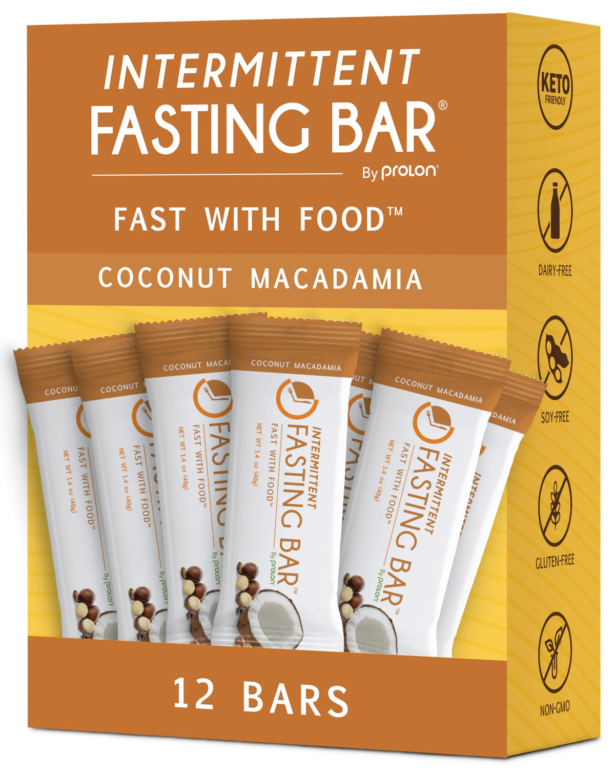 Prolon front packaging showing coconut macadamia bars and benefits