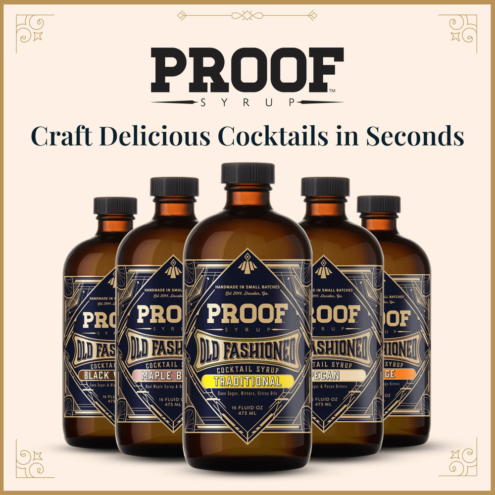 PROOF SYRUP on a home bar with glassware showing party-ready convenience
