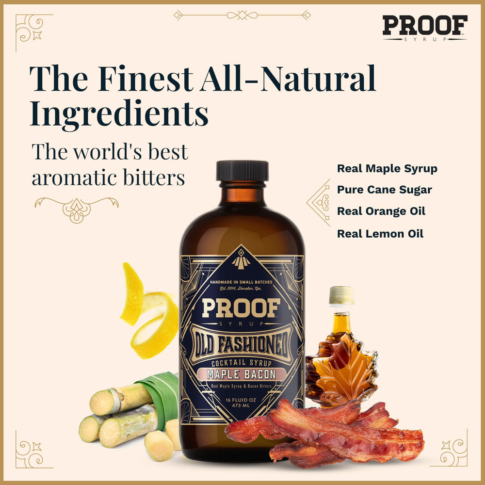 PROOF SYRUP bottle beside orange twist and bacon garnish suggesting serving ideas
