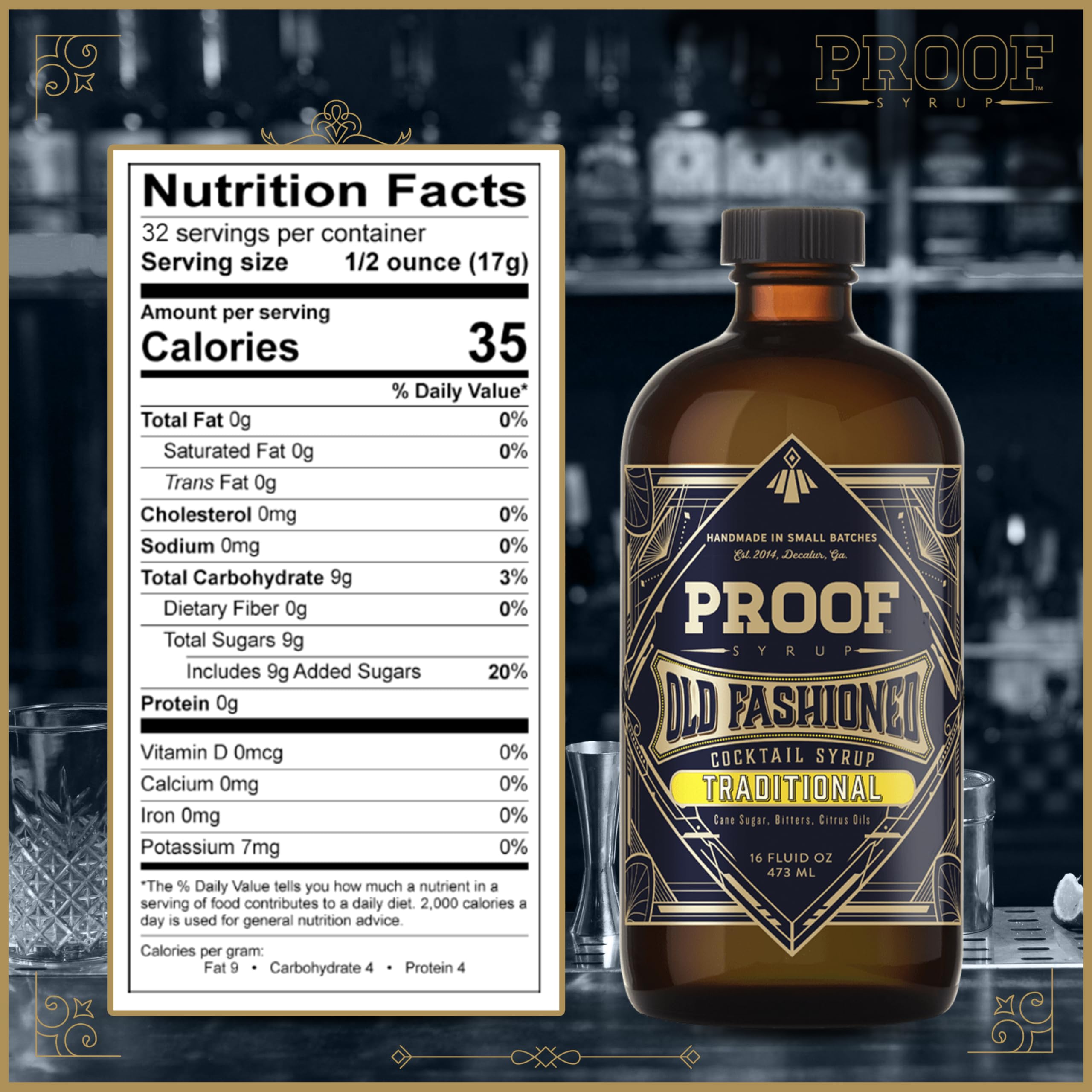 PROOF SYRUP 16oz bottle next to a measuring jigger showing size and serving convenience