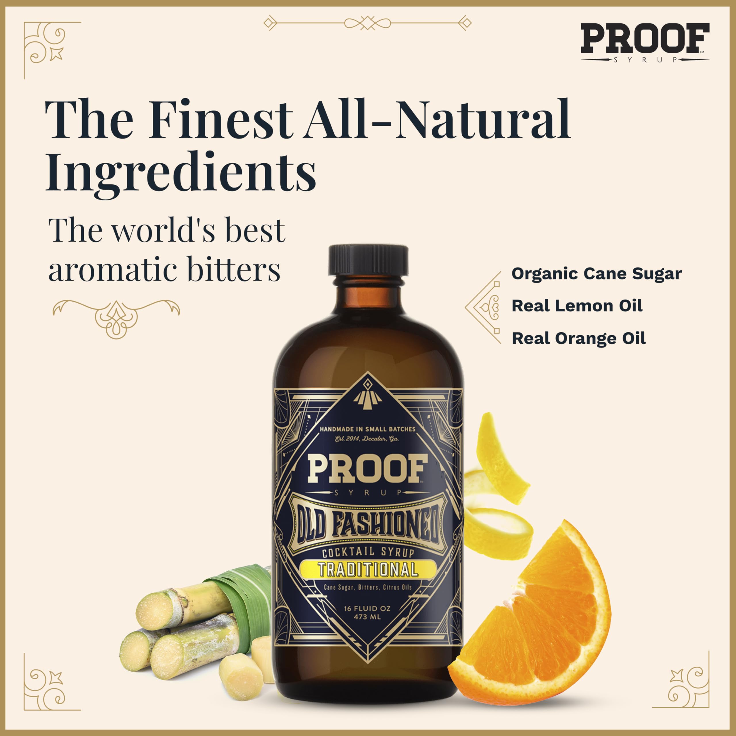 Ingredients close-up with cane sugar and bitters bottle beside PROOF SYRUP emphasizing natural components