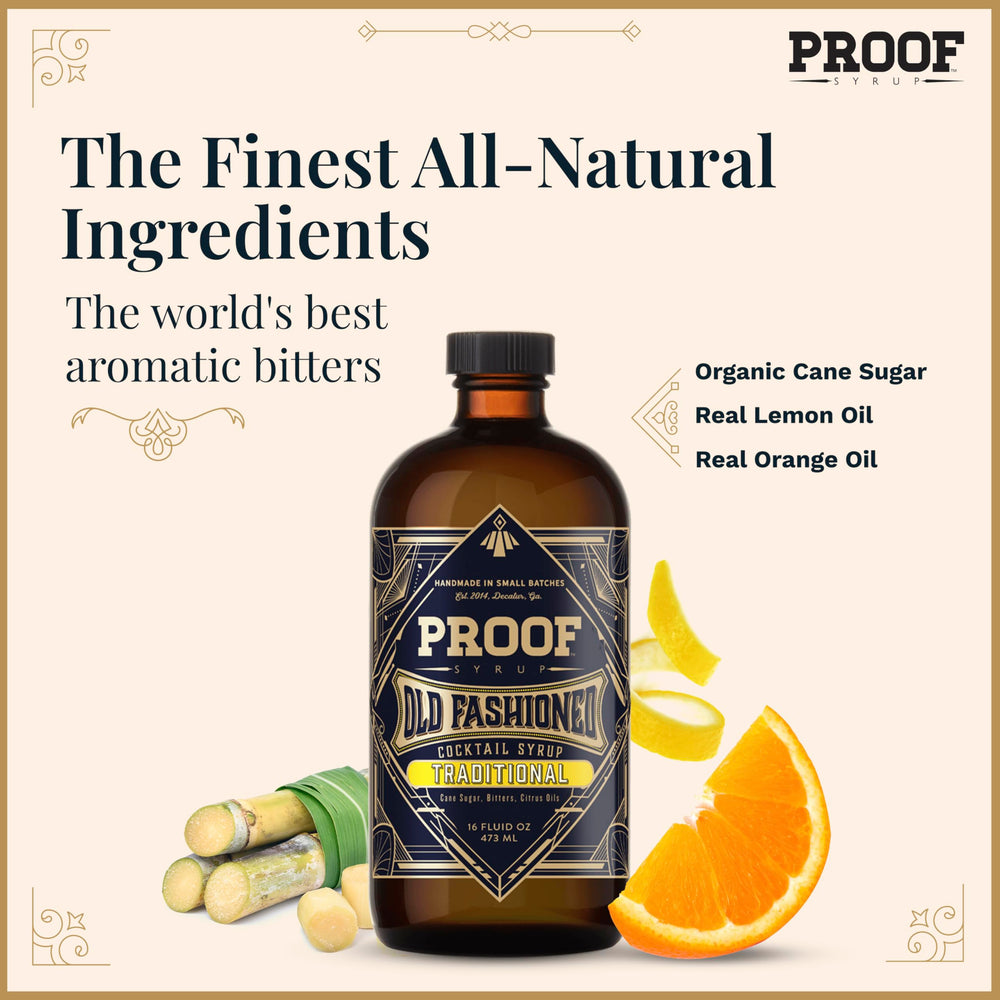 Ingredients close-up with cane sugar and bitters bottle beside PROOF SYRUP emphasizing natural components