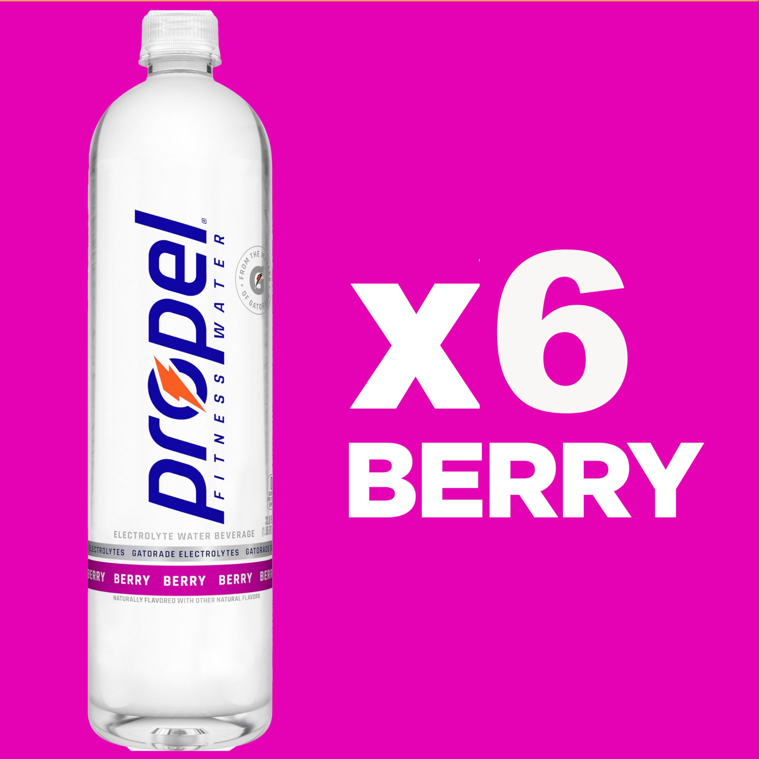 Propel berry close-up label featuring electrolytes and vitamin highlights for fitness