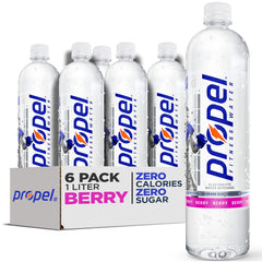 Propel berry front packaging showing six 1L bottles and clear hydration benefits