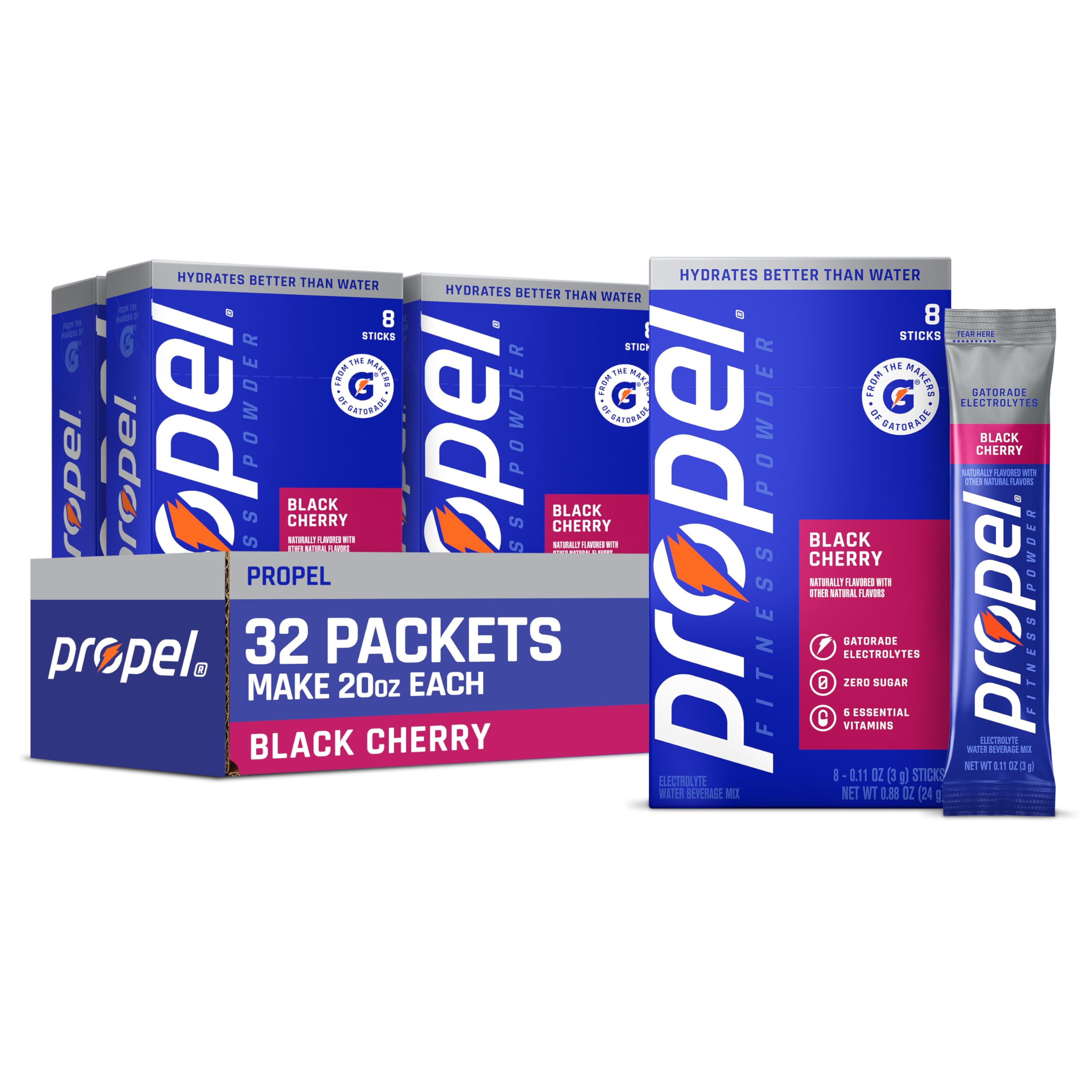 Propel black cherry front packaging showing product and servings benefit hydration
