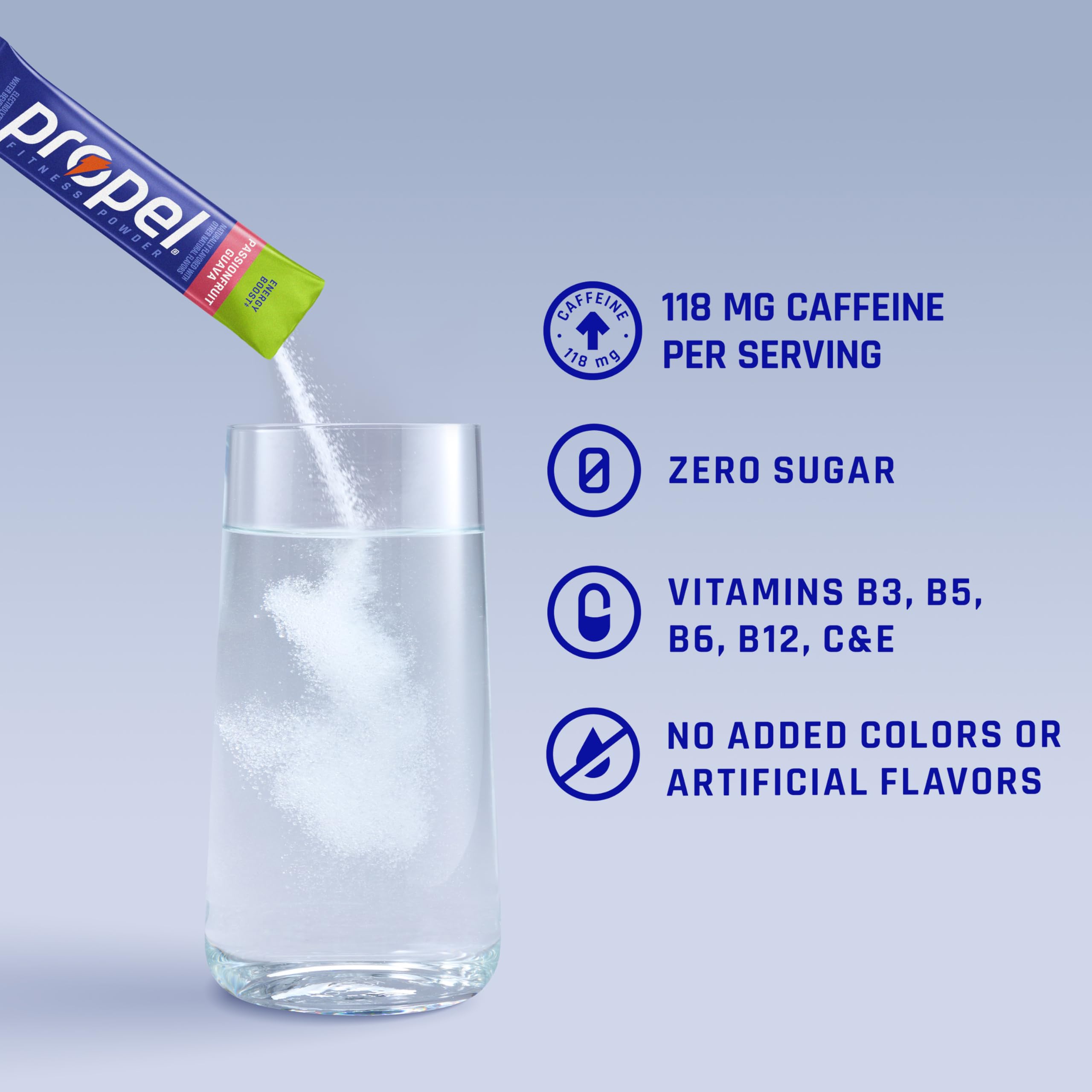 Glass of mixed Propel Energy Boost showing clear hydration and vibrant color