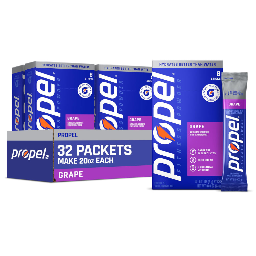 Propel grape box front showing 32 packs and serving info for quick hydration