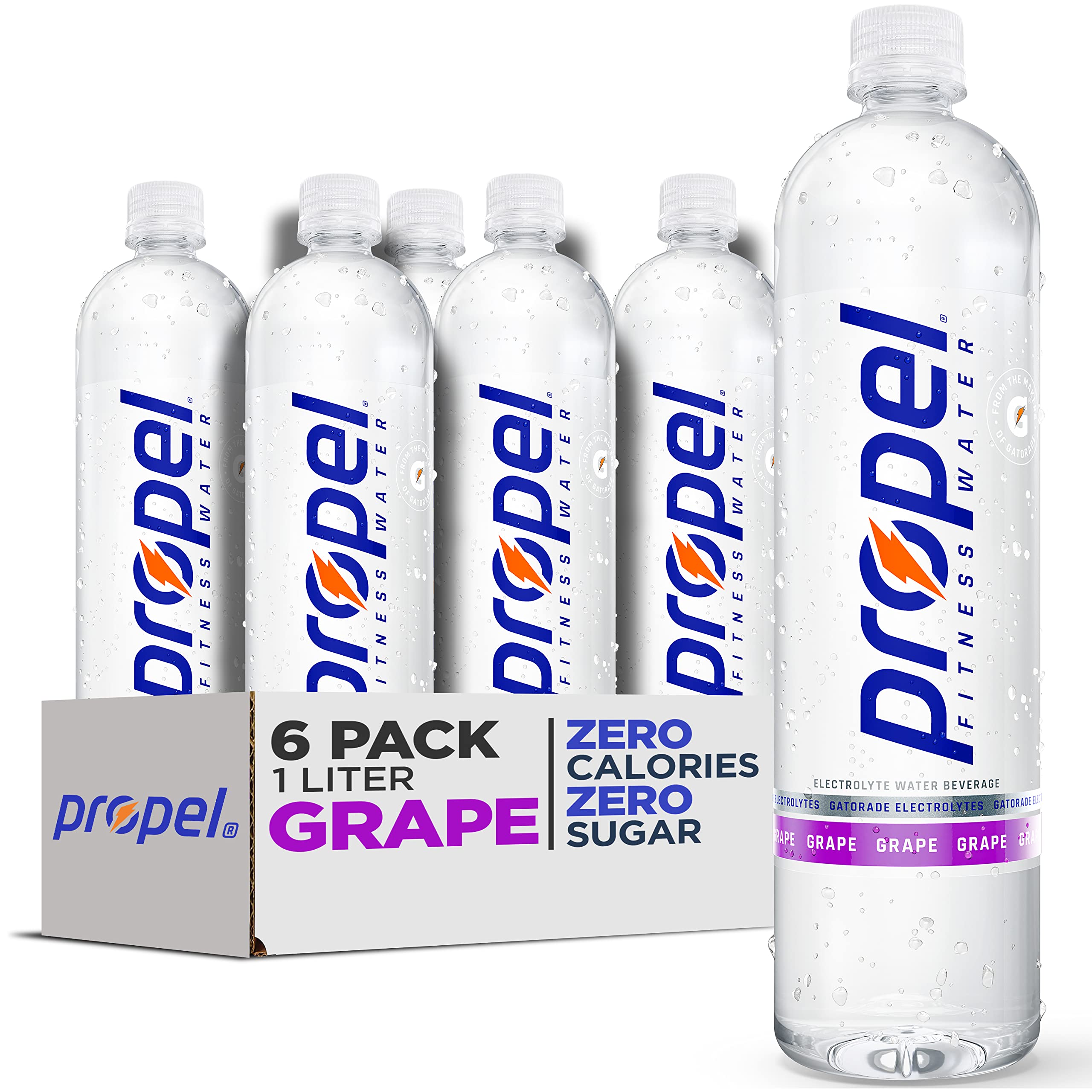 Propel grape front packaging showing six bottles and brand hydration benefits