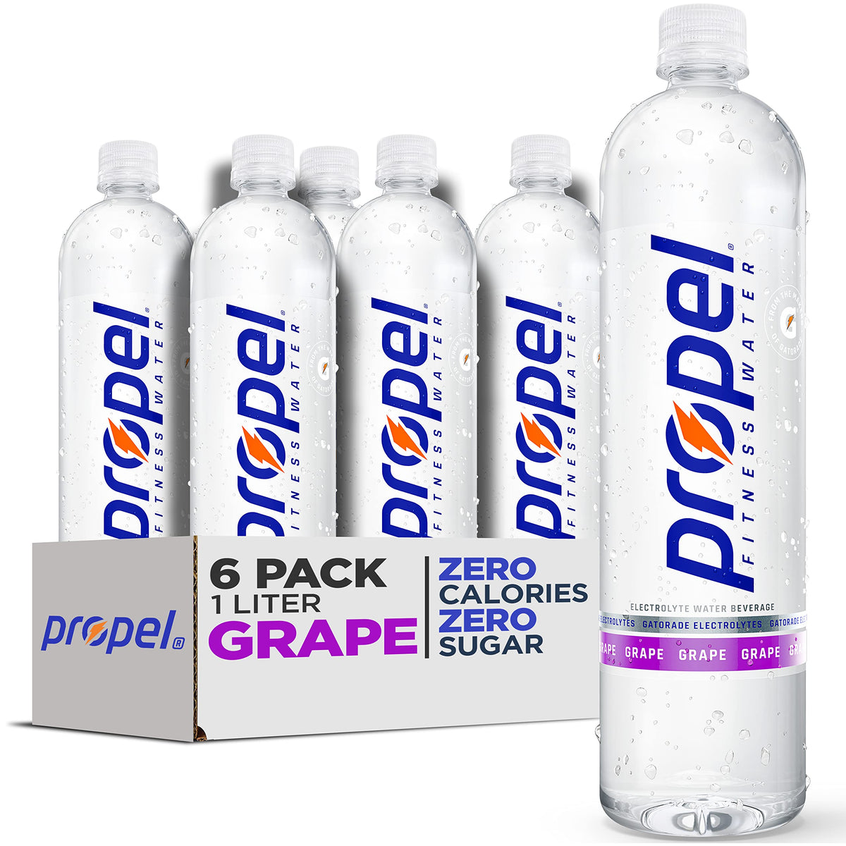 Propel grape front packaging showing six bottles and brand hydration benefits