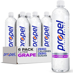 Propel grape front packaging showing six bottles and brand hydration benefits