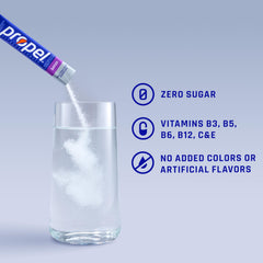 Propel grape single powder stick held in hand, portable on-the-go hydration